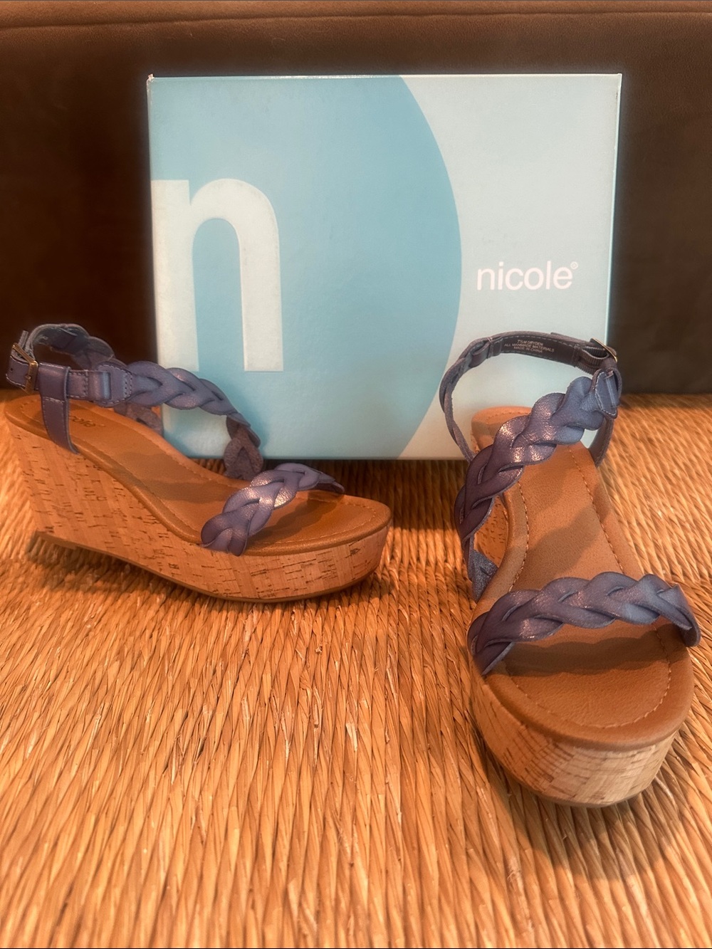 Nicole Dryden Blue Braided Cork Wedge Sandals size 7.5